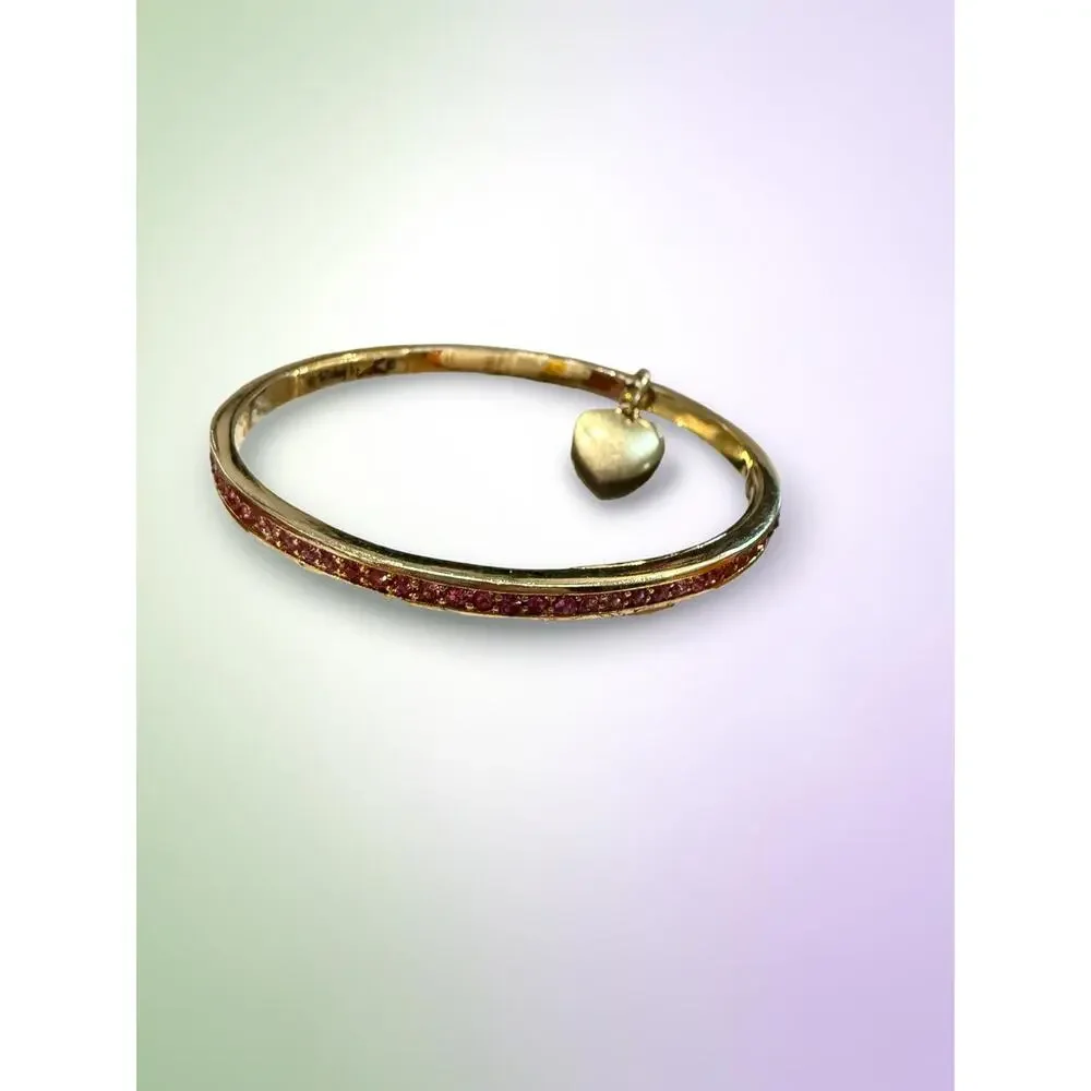 Vintage Ritzy by Les Bernard Pink Rhinestone Heart Charm Bangle Bracelet
